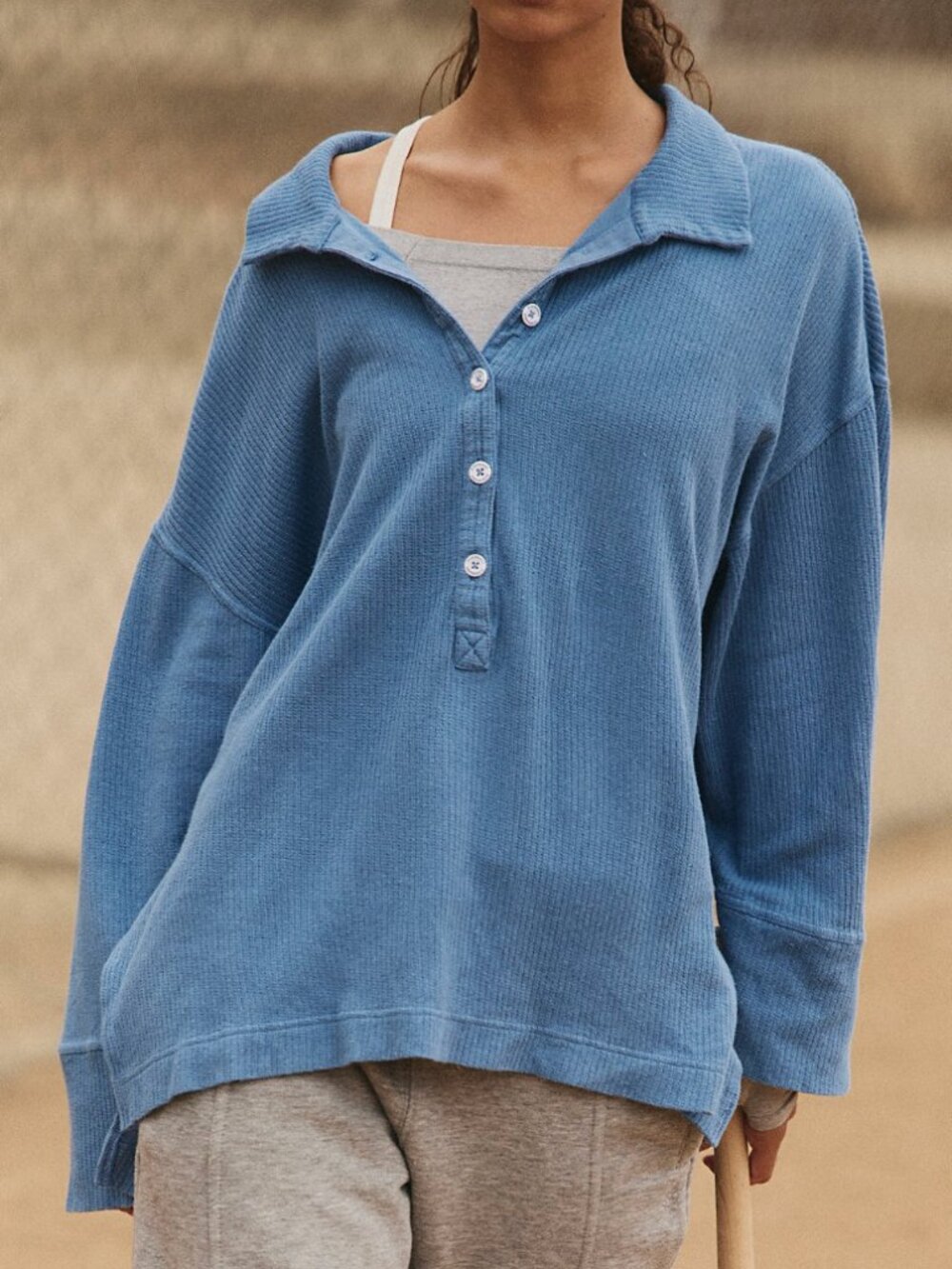 Free People Movement Women’s Medium Buttoned Up Layer Collared Sweater Blue